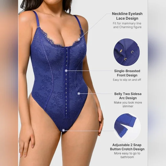Shapellx NWT Women's Royal Blue Lace Shapewear Bodysuit Size M - Picture 3 of 11
